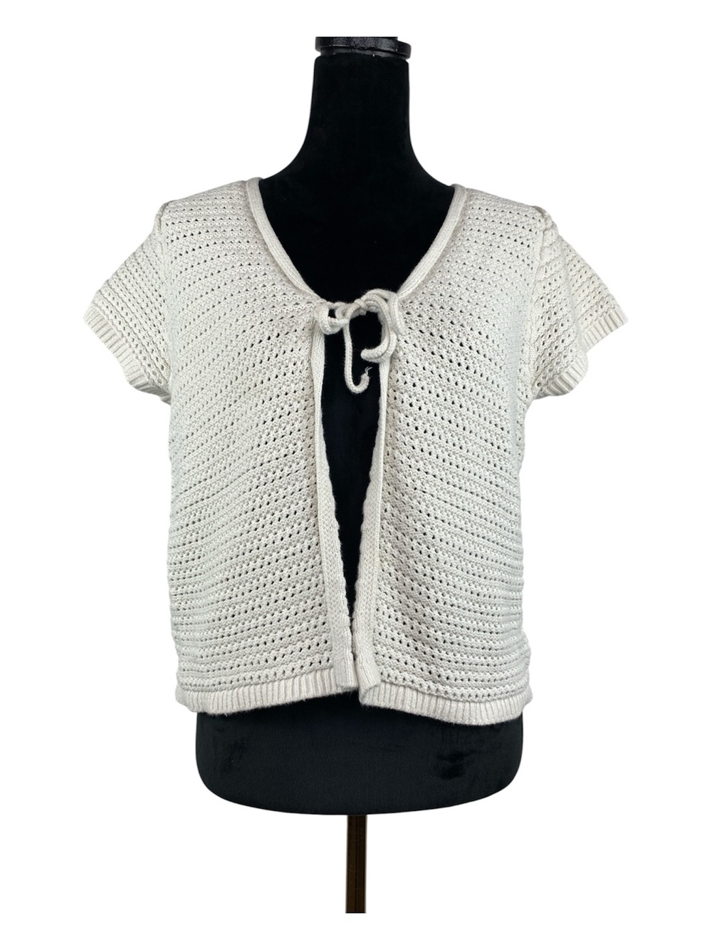 Old Navy 100% Cotton Cream White Open Knit Tie Front Short Sleeve Cardigan L
